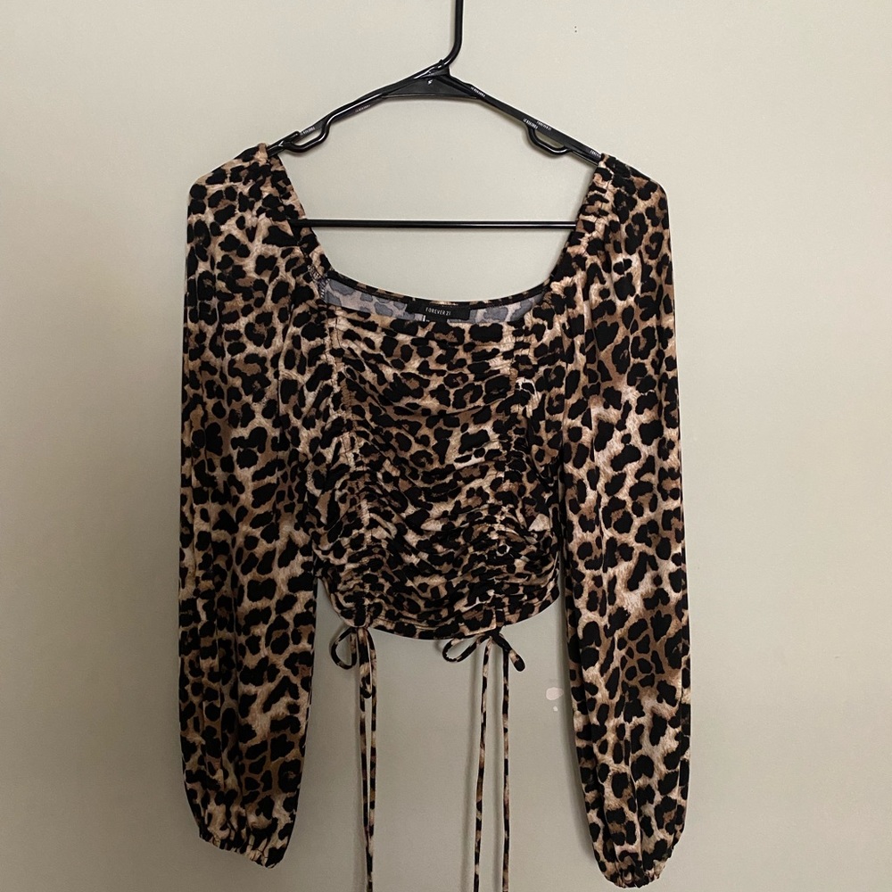 NWT Leopard Cropped Long-Sleeve Top with Ties